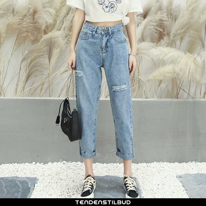 underkjole Paradoks Umulig Cowboybukser bukser jeans dame højtaljet løse skinny med huller blå -  tendenstilbud.com