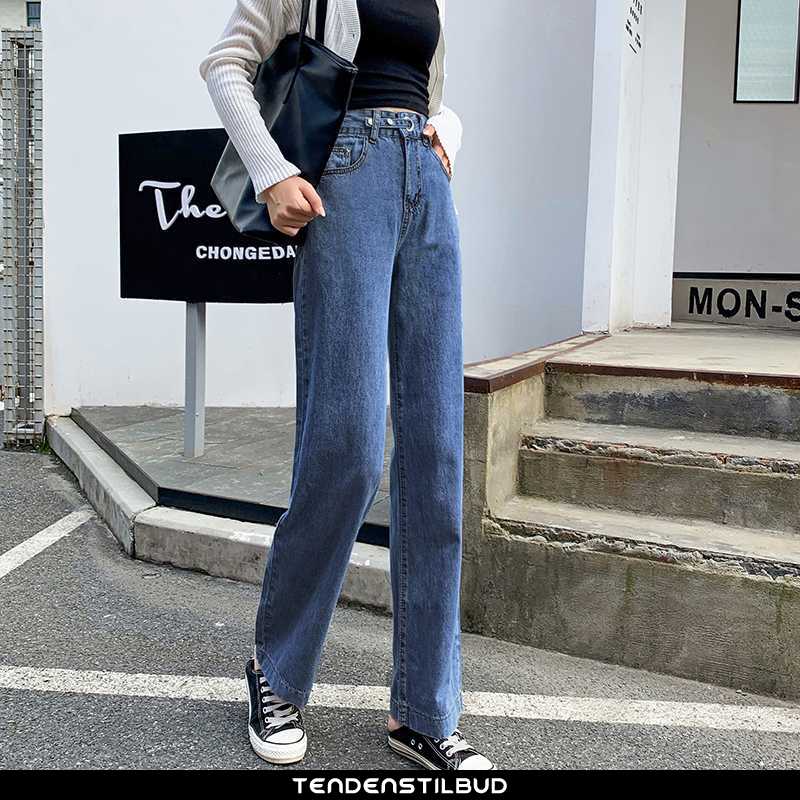 Cowboybukser bukser jeans dame straight løse slim fit forårs mørkeblå - tendenstilbud.com
