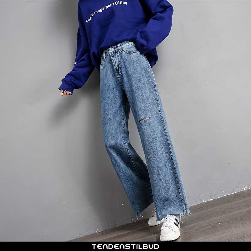 eksplicit Figur Livlig Cowboybukser jeans dame straight løse med huller forårs mørkeblå -  tendenstilbud.com