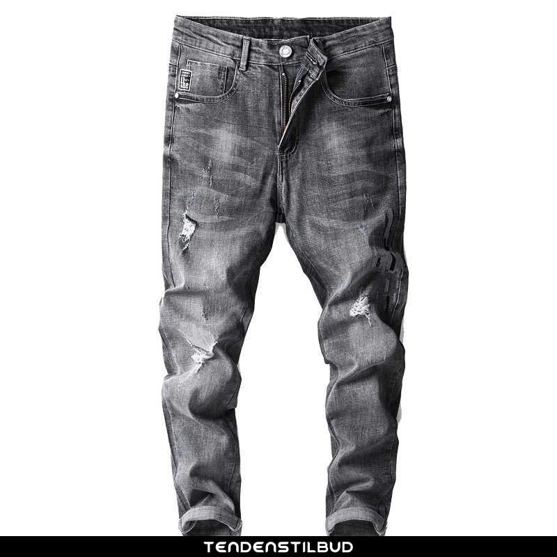 Cowboybukser bukser jeans herre skinny slim fit med huller trend forårs grå - tendenstilbud.com