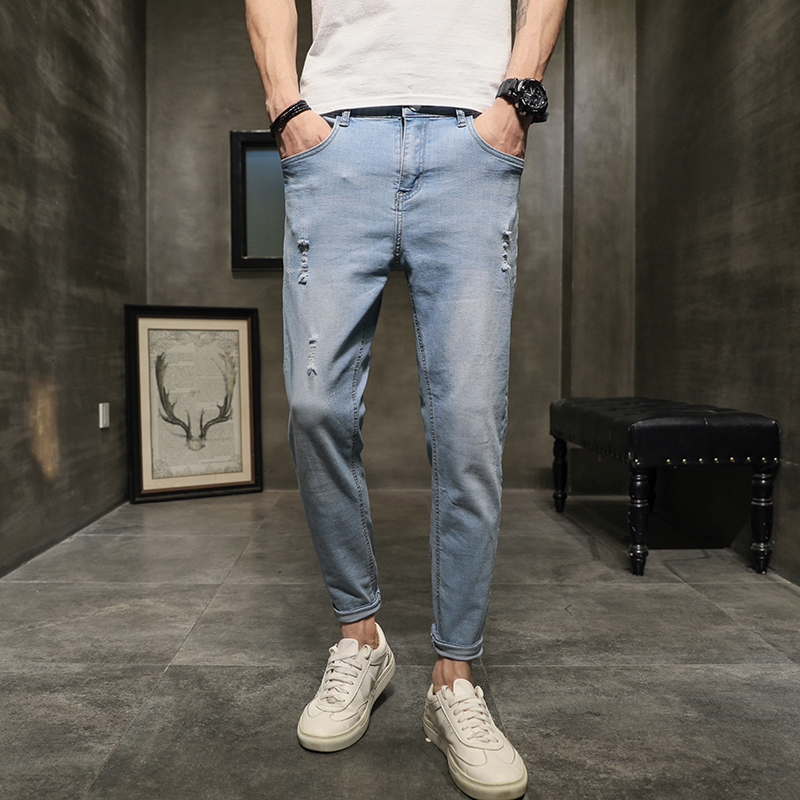 Cowboybukser bukser jeans herre med huller trend forårs blå -