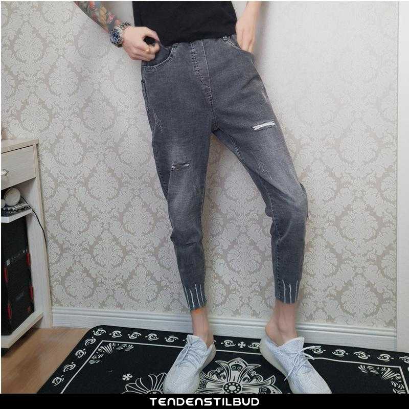 Cowboybukser jeans herre mode skinny slim med huller trend sommer grå - tendenstilbud.com