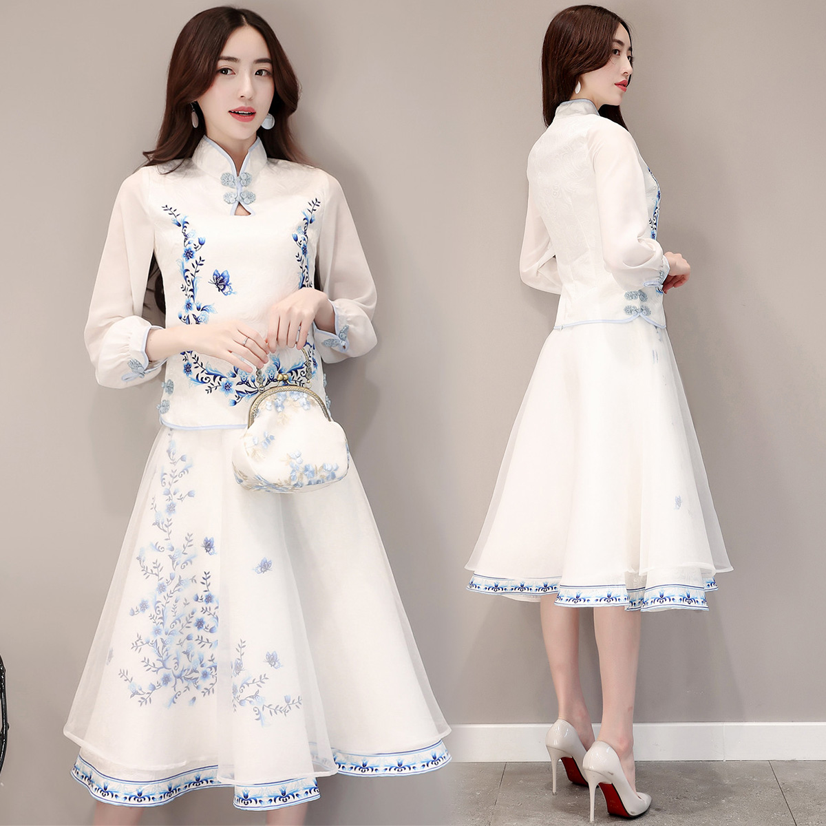Pakistan Bogholder Kina Kjoler dame højtaljet elegante tryk skinny forårs hvid - tendenstilbud.com