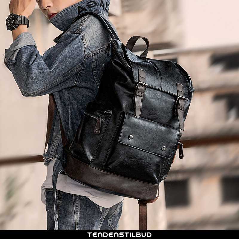 Computertaske rygsæk herre læder mode rejsetaske sort - tendenstilbud.com