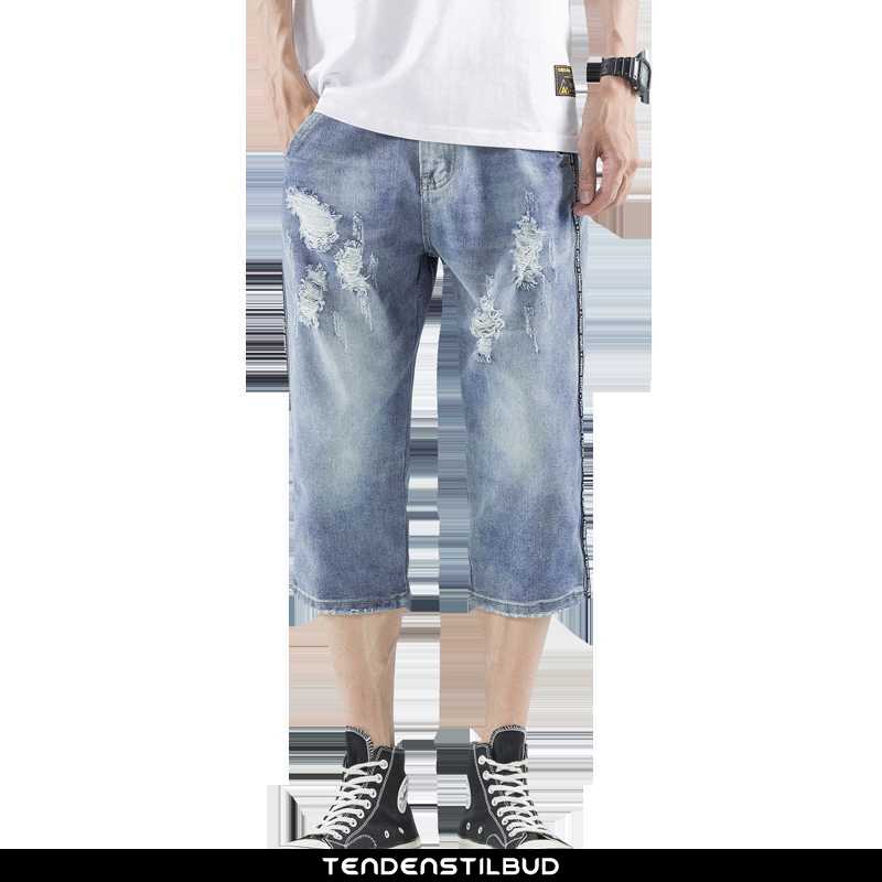 Jeans Herre Bukser Denim Med Huller Capri Bukser