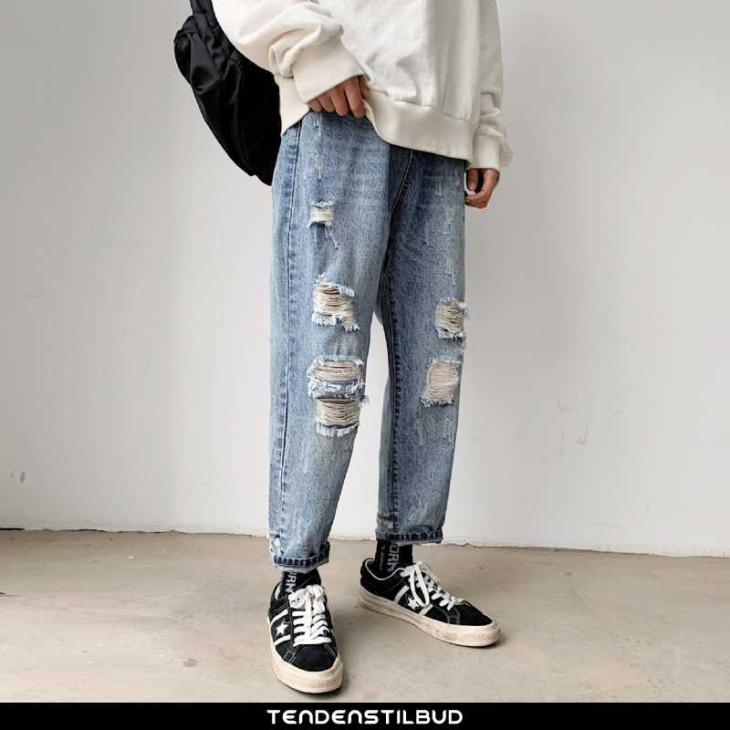 Jeans Herre Cowboybukser Denim Med Huller Lyse